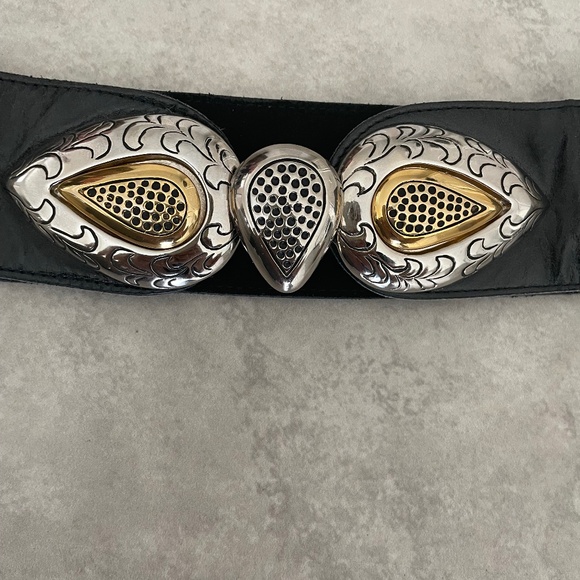 MIKKI G VINTAGE RARE Black Leather Custom-Cast Pewter Gold Swarovski Belt - Picture 10 of 11